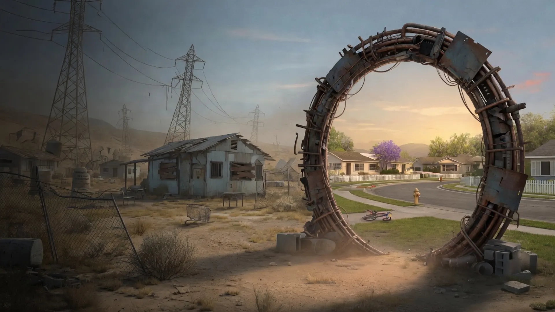 Reclaimer key art: a scrap-metal portal stands in a dusty wasteland of power pylons and boarded-up shacks, opening onto a sunlit suburban street.